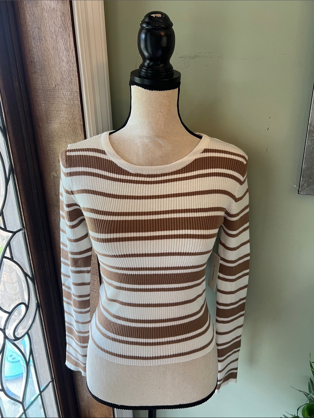 No Comment Striped Ribbed Long-Sleeve Crewneck Top in Cream and Brown